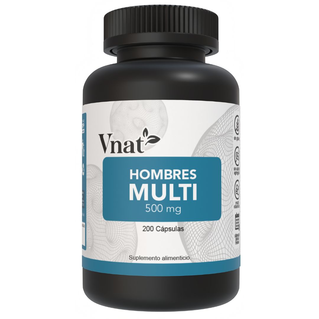 Bote de suplemento multivitamínico para hombres de 500mg de la marca Vnat, en presentación de 200 cápsulas, diseñado para apoyar la vitalidad y el bienestar masculino.