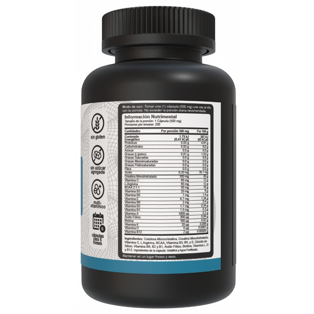 Lado derecho del bote de multivitamínico para hombres de 500mg Vnat 200 Cápsulas, mostrando la tabla nutrimental e ingredientes de calidad para un soporte integral.