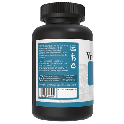 Lado izquierdo del bote de multivitamínico para hombres de 500mg Vnat 200 Cápsulas, con precauciones y recomendaciones para un consumo adecuado.