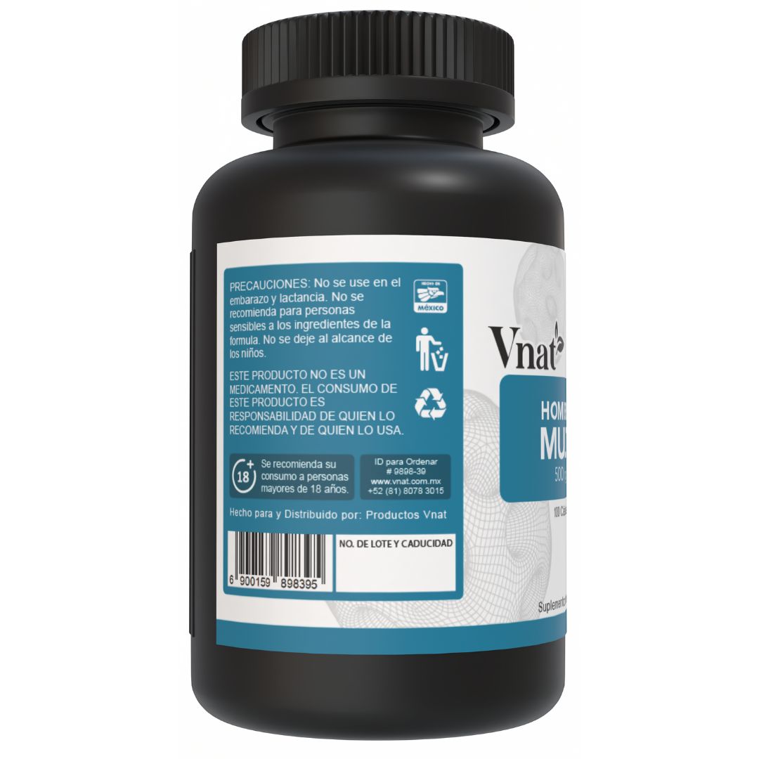 Lado izquierdo del bote de multivitamínico para hombres de 500mg Vnat, con precauciones y recomendaciones para un consumo adecuado.