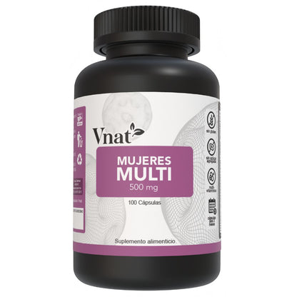 Bote de suplemento multivitamínico para mujeres de 500mg de la marca Vnat, en presentación de 100 cápsulas, formulado para apoyar la salud y vitalidad femenina.