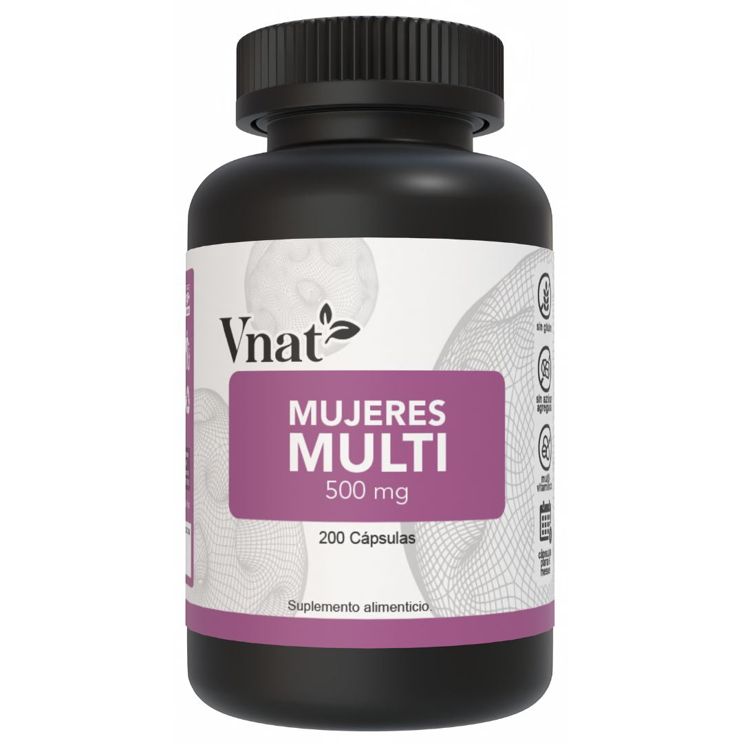 Bote de suplemento multivitamínico para mujeres de 500mg de la marca Vnat, en presentación de 200 cápsulas, formulado para apoyar la salud y vitalidad femenina.