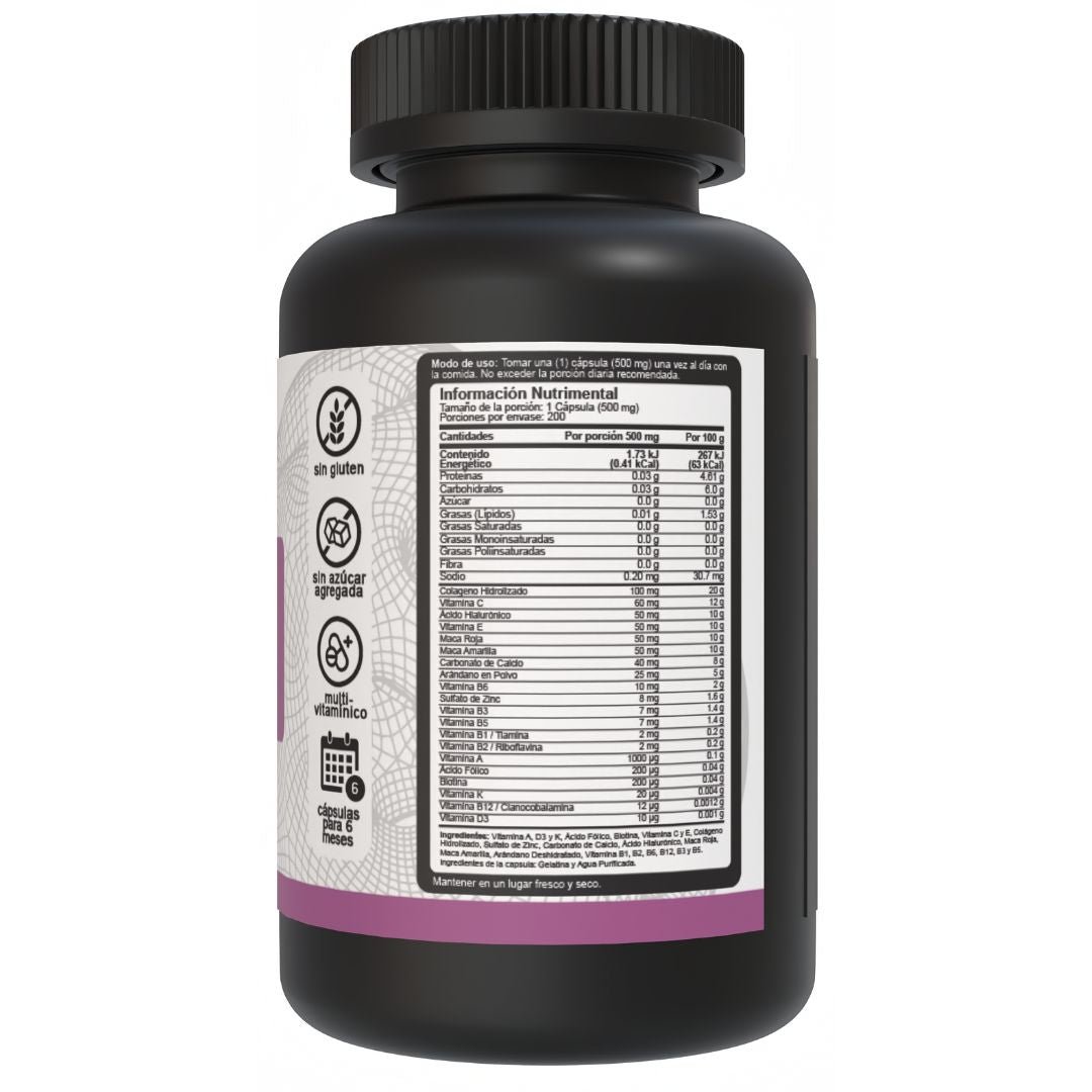 Lado derecho del bote de multivitamínico para mujeres de 500mg Vnat 200 Cápsulas, mostrando la tabla nutrimental y sus ingredientes de alta calidad.