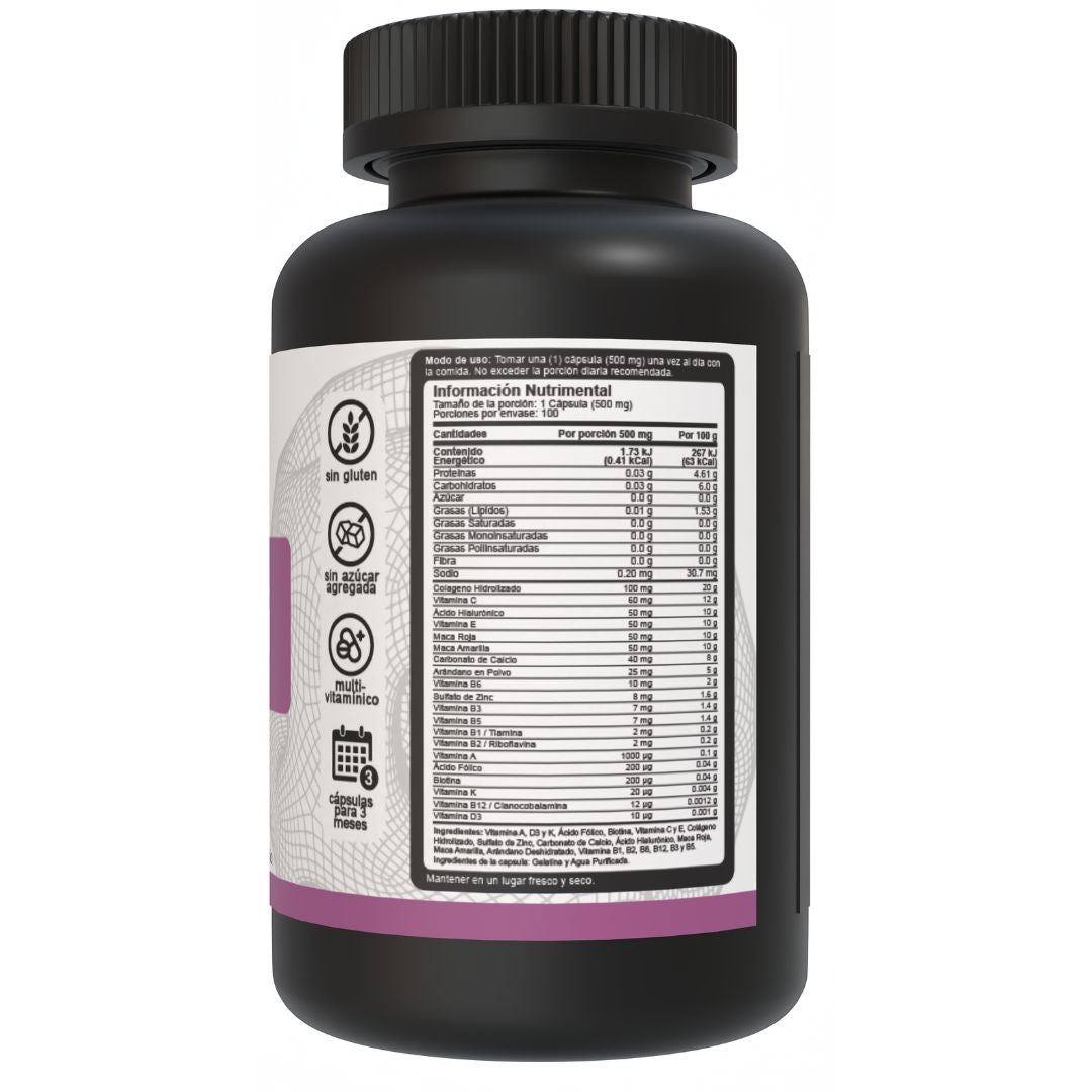 Lado derecho del bote de multivitamínico para mujeres de 500mg Vnat, mostrando la tabla nutrimental y sus ingredientes de alta calidad.