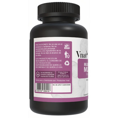 Lado izquierdo del bote de multivitamínico para mujeres de 500mg Vnat, con precauciones y recomendaciones para un consumo seguro.