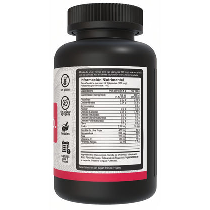 Lado derecho del bote de resveratrol 400mg Vnat 200 Cápsulas, mostrando la tabla nutrimental e ingredientes que destacan su calidad y pureza.