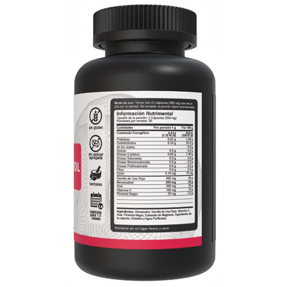 Lado derecho del bote de resveratrol 400mg Vnat, mostrando la tabla nutrimental e ingredientes que destacan su calidad y pureza.