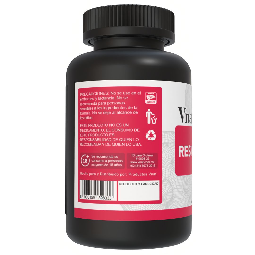 Lado izquierdo del bote de resveratrol 400mg Vnat 200 cápsulas, con precauciones de uso y recomendaciones para un consumo seguro.