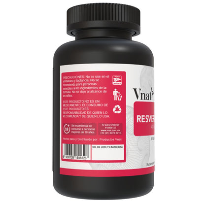 Lado izquierdo del bote de resveratrol 400mg Vnat, con precauciones de uso y recomendaciones para un consumo seguro.