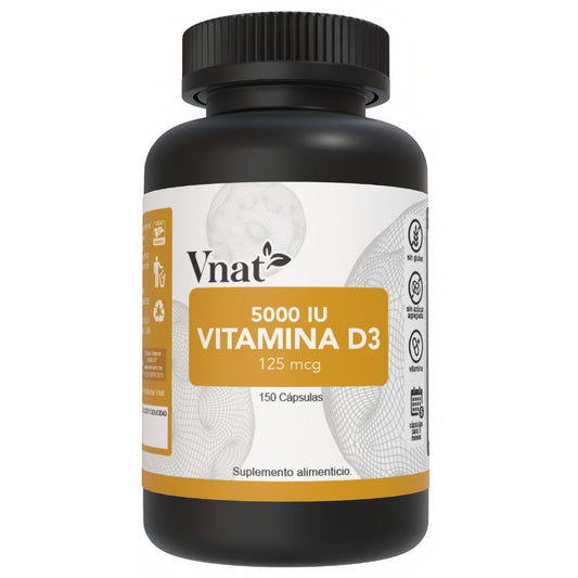 Bote de Vitamina D3 de 5000 IU y 125 mcg de la marca Vnat, en presentación de 150 cápsulas, ideal para apoyar el bienestar general y la salud.