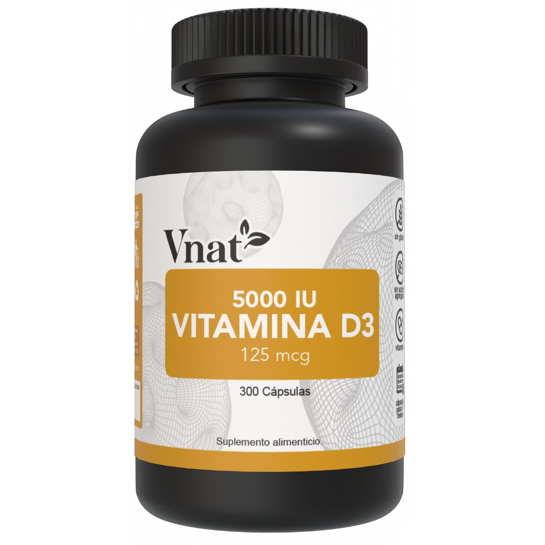 Bote de Vitamina D3 de 5000 IU y 125 mcg de la marca Vnat, en presentación de 300 cápsulas, ideal para apoyar el bienestar general y la salud.