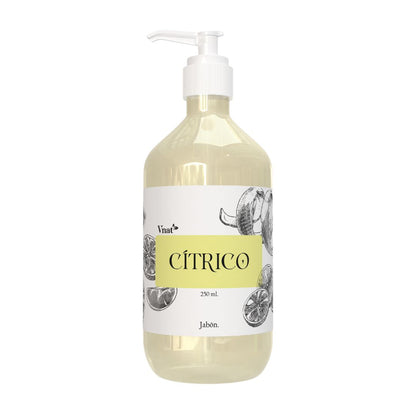 Imagen frontal del jabón de Cítrico VNAT de 250 ml. Producto natural con fragancia fresca a cítricos, ideal para una limpieza revitalizante.