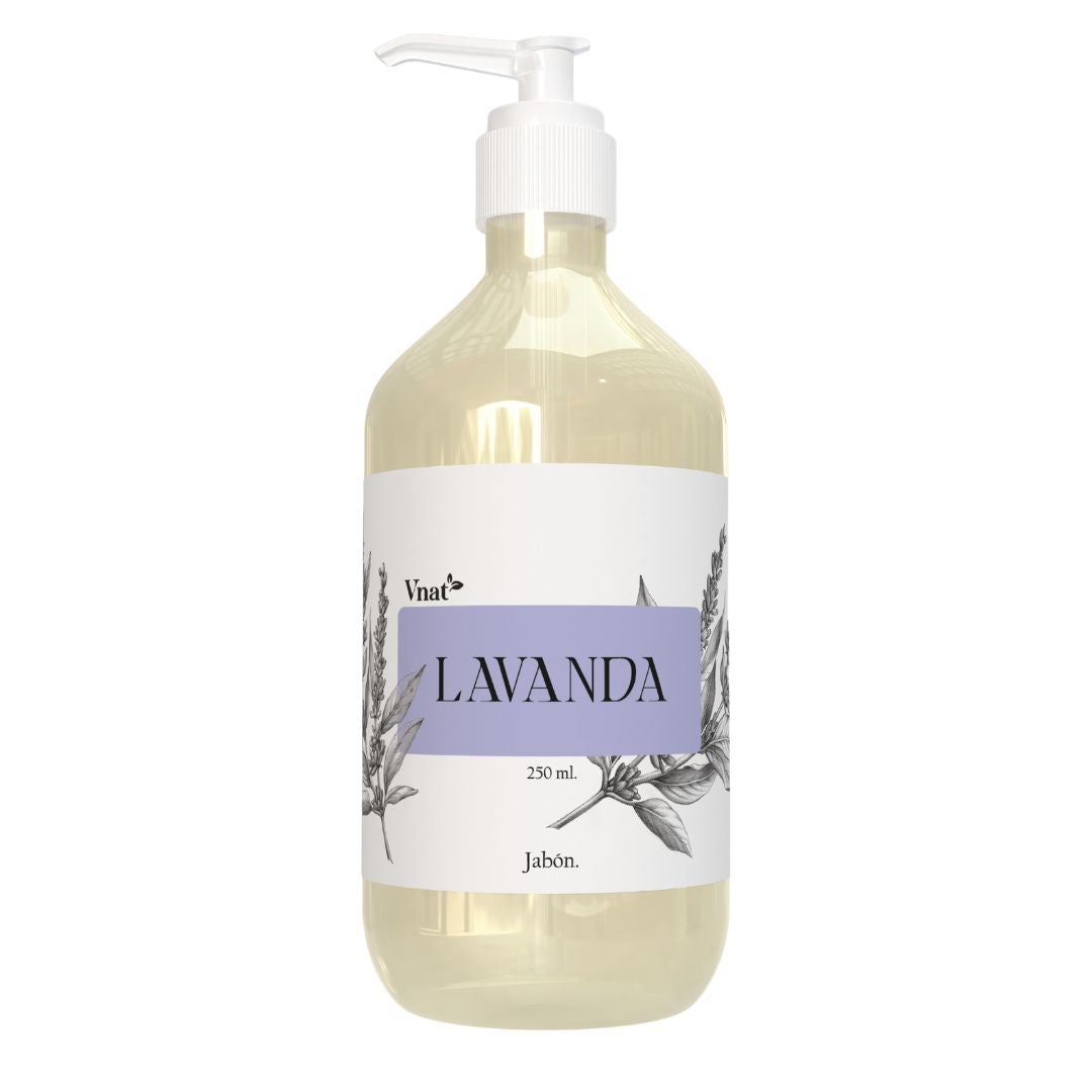 Imagen frontal del jabón de Lavanda VNAT de 250 ml. Producto natural con fragancia relajante a lavanda, ideal para el cuidado personal.
