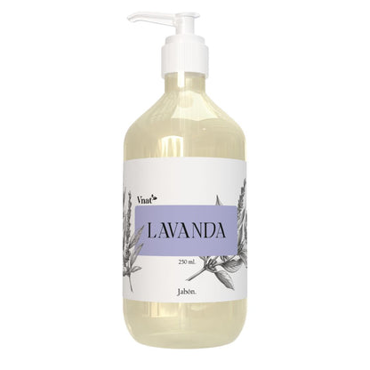 Imagen frontal del jabón de Lavanda VNAT de 250 ml. Producto natural con fragancia relajante a lavanda, ideal para el cuidado personal.