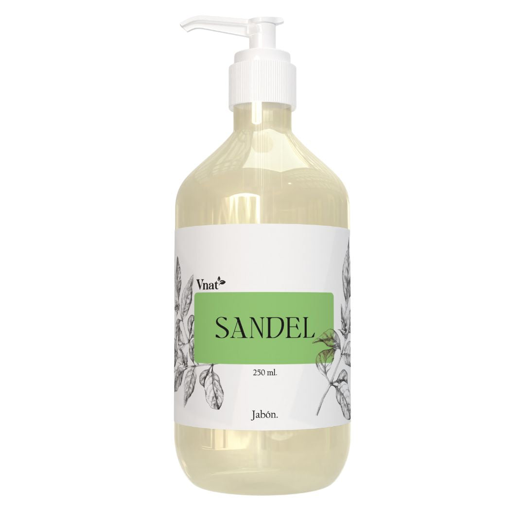 Imagen frontal del jabón de Sandel VNAT de 250 ml. Producto natural con fragancia a sándalo, perfecto para el cuidado diario.